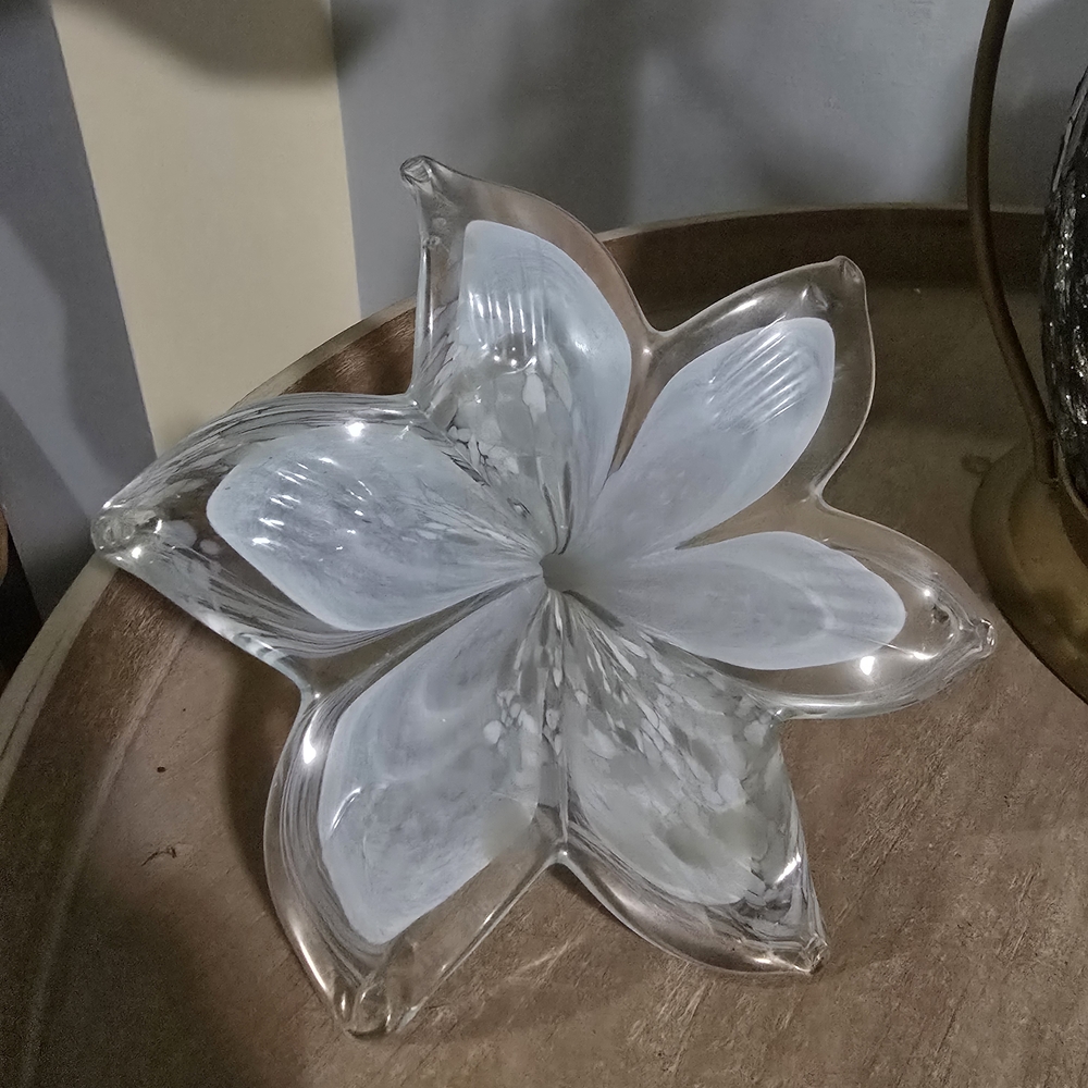 Murano White and Clear Glass Flower Art
